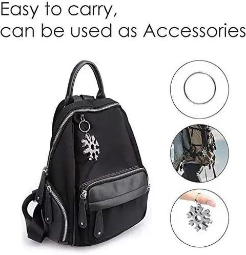 18 In 1 Snowflake Multi Tool In Stainless Steel attached to black backpack for everyday carry, showing multiple uses and portability.
