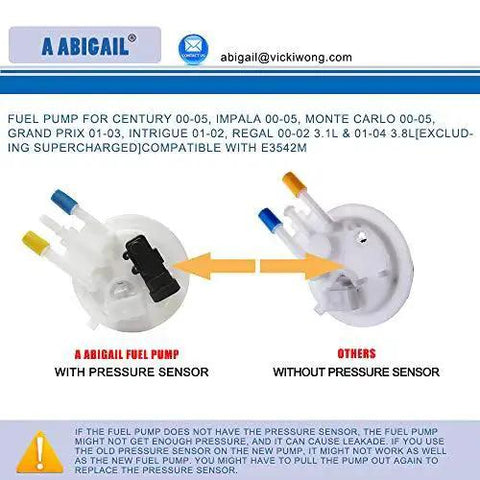 Diagram comparing OE-grade Drop In Fuel Pump Assembly Replacement E3542M with pressure sensor for GM V6 2000-2005 models.