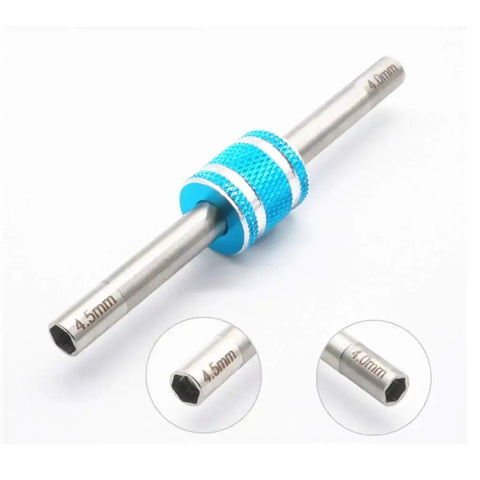 Mini 4WD Hexagonal Turnbuckles 4 To Four Point Five Millimeter Self Made Parts For Tamiya Pro Tool, metal with blue grip, close-up