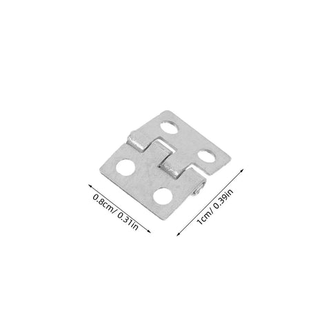 Mini Metal Hinge Set For Dollhouse Furniture And Jewelry Boxes, 10x8mm With Screws, Silver Tone, shown in detail with measurements.