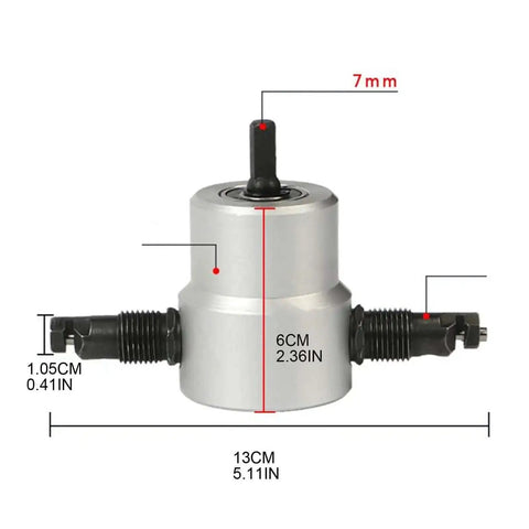 Double Head Sheet Nibbler Saw Cutter Drill Attachment for Metal Cutting, showing dimensions, 360-degree rotating tool with two heads