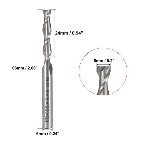5mm HSS-AL Spiral Drill Bit 2 Flute End Mill Cutter with 6mm Shank by Uxcell shown with dimensions 68mm overall length and 24mm cutting length.