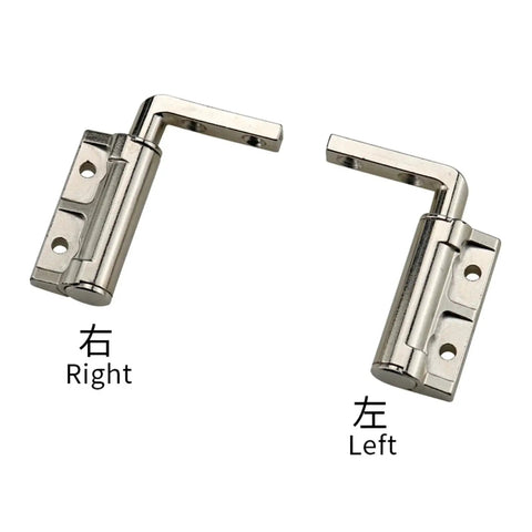 Zinc alloy L-shaped damping hinge pair, right and left, with screw holes for cabinet doors.