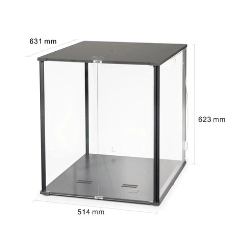 3D Printer Enclosure For Bambu Lab A1 With Fume And Odor Control, black enclosure with transparent panels and detailed dimensions.