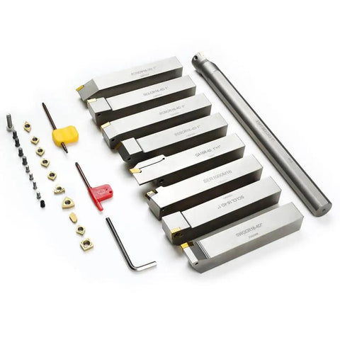Beefed Up 1 Inch Shank Heavy Duty Indexable Carbide Lathe Tool Holder Set With Boring Bar 9 Pieces CNC Nickel Plated Insert Holders