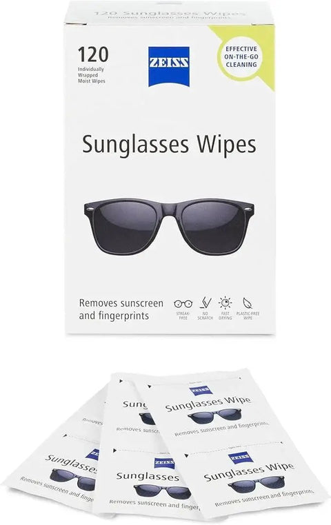 Box and individual packs of ZEISS Premium Sunglasses Wipes Pre Moistened 120 Count Safe For All Lenses.