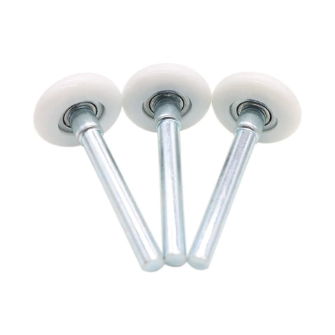 Three white nylon garage door rollers with 1.8 inch wheels and 4 inch stems, featuring sealed 11 ball bearings for quiet operation