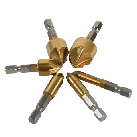 Pro Grade HSS Countersink Drill Bit Set 6mm To 19mm With One Quarter Inch Hex Shank 90 Degree Chamfer Cutter For Woodworking Cabinets And DIY Projects Five Flute High Speed Steel Coated For Long Life, six-piece set