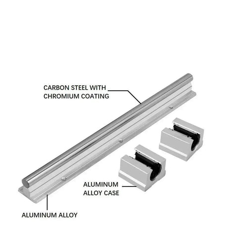 Heavy Duty Linear Rail Kit With 200mm Rails And SBR12UU Slider Blocks End Stops For CNC Routers And 3D Printers Includes Two Rails And Four Blocks For Smooth Motion And High Precision Ready To Go. Features carbon steel and aluminum alloy with a chromium coating.