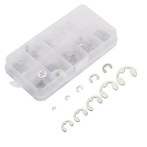 120 Piece E Clip Set In Stainless Steel External Retaining Rings Circlips From 1.5mm To 10mm displayed with storage case
