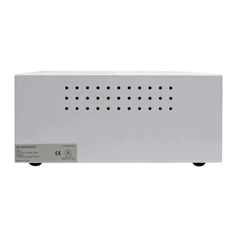 Front view of white Hospital-Grade Isolation Transformer Dual Voltage 115-230V 1800W With 8 IEC C13 Outlets Workhorse Power Hub.