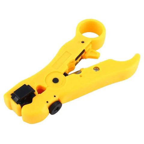 Yellow coax cable wire stripper cutter with adjustable blade and reversible cassette for RG59, RG6, RG7, and RG11 cables