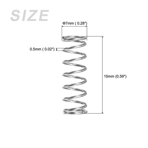 METALLIXITY compression spring, 7 mm OD, 0.5 mm wire, 15 mm free length, stainless steel, silver tone