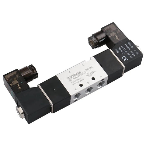 Workhorse Pneumatic Solenoid Air Valve 4V120-06 DC 24V 5 Way 2 Position, view of dual control ports and 1/8 inch thread