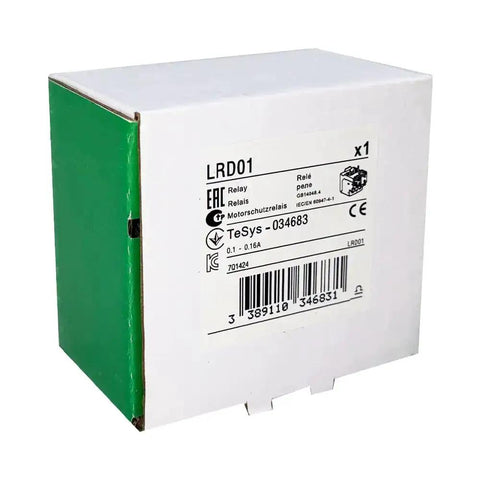 Product packaging for Thermal Overload Relay 0.1-0.16A For Contactor LC1D09-38 AC DC Compatible, box with specifications label