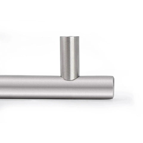 Side view of brushed nickel finish cabinet handle and drawer pull, stainless steel hollow tube with 6 inch overall length, 96mm center to center.