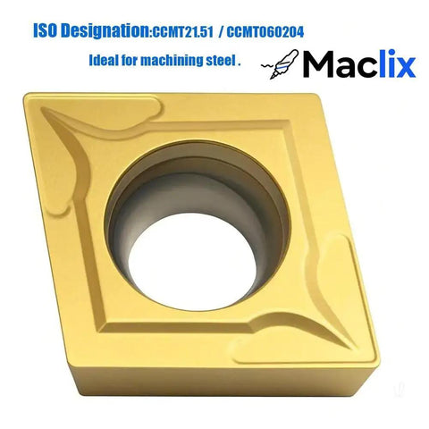 Close-up of a square carbide turning insert from the Beefed Up Carbide Turning Inserts Set For CNC Lathe CCMT060204 CCMT21.51 And DCMT070204 DCMT21.51 With TISIN Coating Replacement Inserts For Steel And Stainless Machining Long Tool Life High Wear Oxidation And Heat Resistance, showing TISIN coating.
