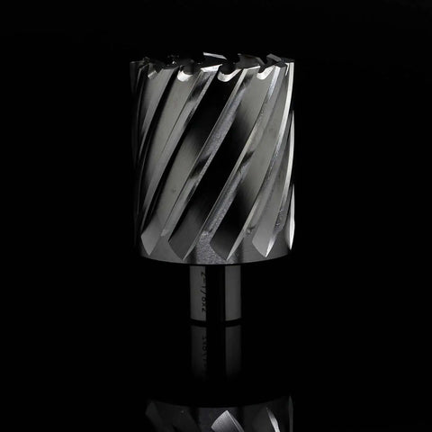High Speed Two And One Eighth Inch Annular Cutter For Magnetic Drill Press With Two Inch Cutting Depth And Three Quarter Inch Weldon Shank Two Flat Pilot Pin And Thin Walled Dual Teeth Ten Times Faster Than Regular Drill Bits By OSCARBIDE, front view showing spiral design.