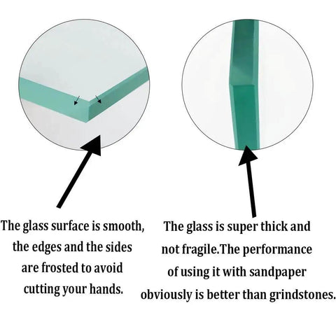 Side view of Large Flat Glass Plate For Scary Sharp Sharpening System With Anti Slip Mat Ten And One Quarter Inch Wide Eleven And Thirteen Sixteenth Inches Long Eight Millimeter Thick Durable Float Glass Surface For Knife And Tool Sharpening Scottchen showing edge details with text annotations.