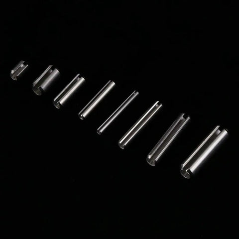Stainless Steel Spring Tension Pins Set 280 Pcs M1.5 To M8 304 Material Elastic Cylinder Pins lined up on black background