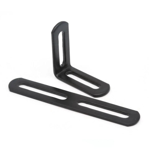 Heavy Duty Aluminum Extrusion Corner Brackets Kit with ultra-strong L shape brackets, shown in close-up view of two black metal brackets.