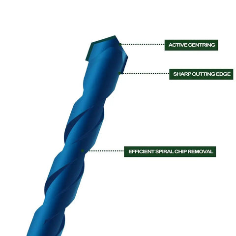 Close-up of a blue masonry drill bit showing sharp cutting edge and spiral chip removal; part of the 10 Piece Blue Masonry Drill Bit Set Pro Grade For Concrete Brick Ceramic Tile Glass Plastic And Wood Tungsten Carbide Tips 3/16 Inch To 1/2 Inch Rust Resistant For Smooth Holes.