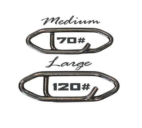 Offshore Fishing Speed Clip Bundle With 50 Heavy-Duty Stainless Steel Lure Clips, medium and large size shown, corrosion-resistant.