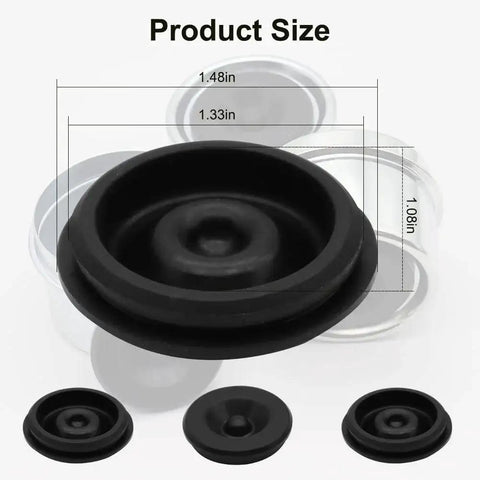 4 Pack Trailer Hub Cap Rubber Plugs For 1.98 Inch Hubs in black rubber material shown with size dimensions.