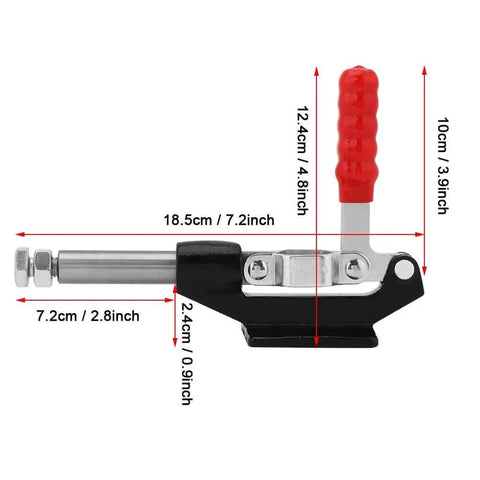Side view of Push Pull Toggle Clamp 305E 386 Kg Capacity with red handle, metal body, dimensions marked for workholding jigs and welding fixtures.