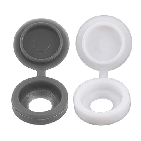 200 Pcs Plastic Hinged Screw Head Covers Snap On Caps Light Grey 13.6x29mm, shown open, durable for cabinets and furniture.