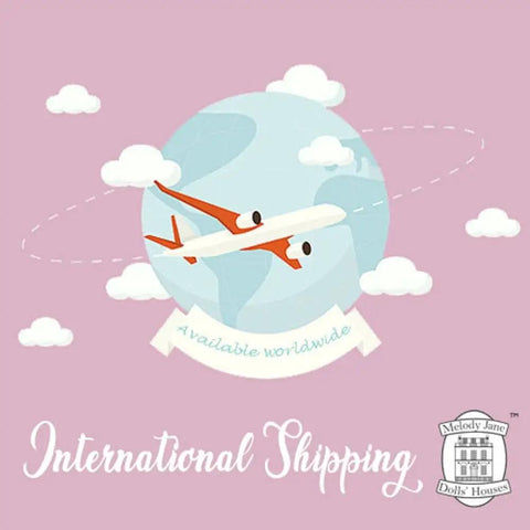 Illustration of a plane flying around Earth with "Available Worldwide" banner, symbolizing international shipping.