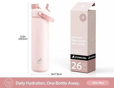 26 Oz Stainless Steel Insulated Water Bottle With 2 In 1 Straw And Spout Lid Keeps Drinks Ice Cold All Day Leak Proof Fits Car Cup Holder Perfect For Sports Travel And School Cotton Candy shown with packaging