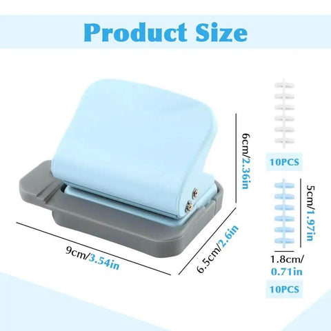 Six Hole Spiral Binding Punch For Planners And Home Office 8 Sheet Capacity Includes 20 Binder Rings, product dimensions shown