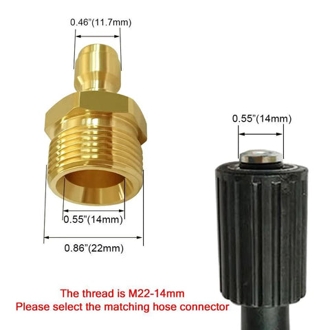 M22 14mm Male to Quarter Inch Quick Disconnect Pressure Washer Coupler Fitting dimensions shown brass body