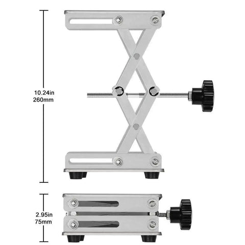 6x6 Inch Lab Scissor Jack, Stainless Steel Lift Stand, adjustable height 75-260mm, side view with measurement scale