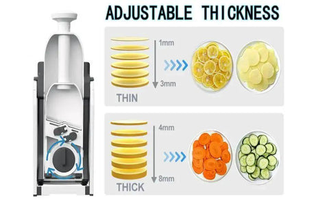 Diagram showing the Game Changing Versatile Adjustable Mandoline Slicer And Vegetable Chopper with thickness options for slicing.