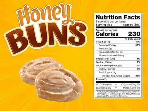 Soft Honey Buns Pastries Pack With Cinnamon Honey Glaze, Six Individually Wrapped Snackable Treats For Coffee Or Tea, nutrition label