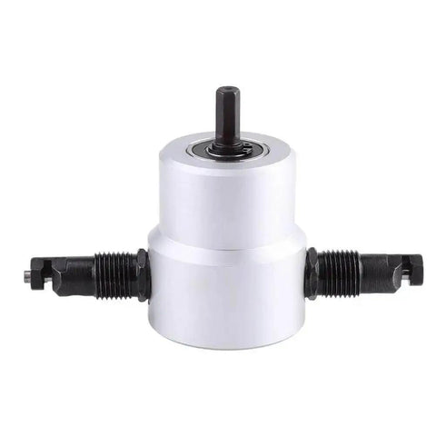 Dual Head Metal Sheet Nibbler Cutter Kit With 360 Degree Adjustable Punch, silver drill attachment shown with dual cutting heads