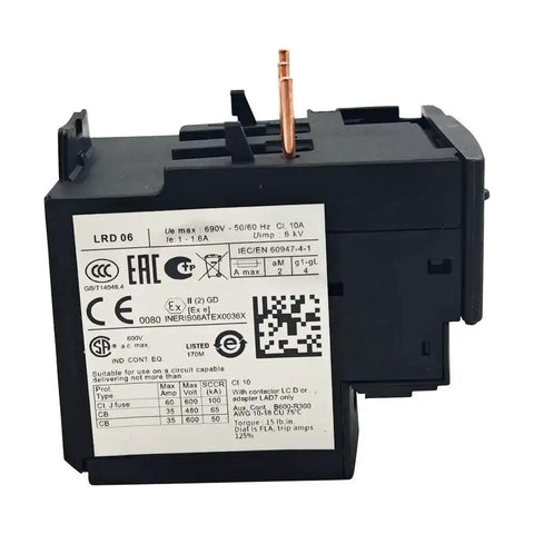 Thermal Overload Relay For Contactor LC1D Series 1-1.6A Adjustable Protection, black plastic housing with labels visible