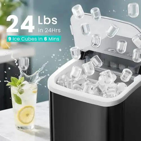 Portable Countertop Ice Maker 26 Lbs Per Day Auto Clean Basket And Scoop with open lid showing ice cubes