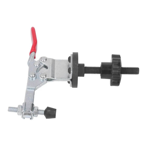 Side view of a Quick Release Woodworking Bench Clamp Set with toggle clamps, metal body, used for jigs, fixtures, and wood board fixing.