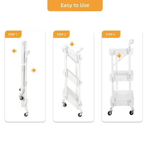Assembly guide for Three-Tier Folding Rolling Utility Cart With Wheels Foldable Storage Organizer With Three Hanging Cups And Six Hooks.