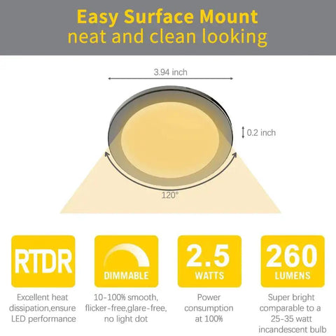 Diagram of Under Cabinet Puck Lights Kit 3 Pack Surface Mount 3.94 Inch 12V 2.5W Each Total 7.5W with dimensions and features.