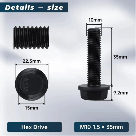 Diagram of Beefy M10 Flanged Washer Head Hex Bolts 35mm Long Full Thread Set Of 10 10.9 Grade Alloy Steel Black Oxide Finish GB5789