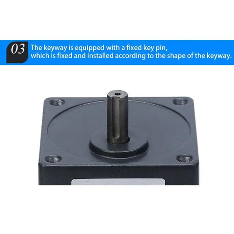 Close-up of Beefy Torque 110V 6W Electric Single Phase Gear Motor shaft, highlighting keyway with a fixed key pin.