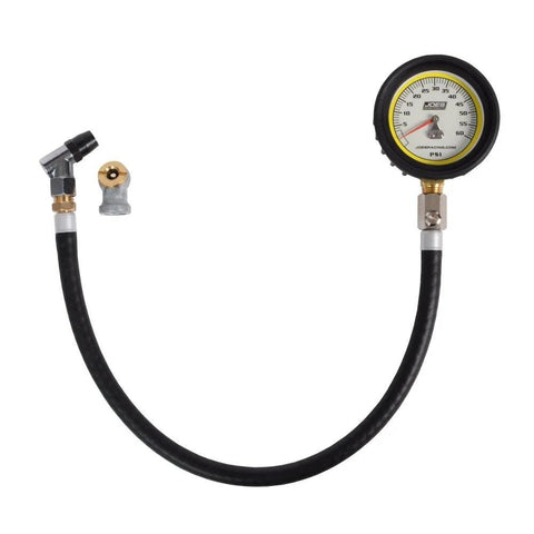 Joes Racing Pro Tire analog tire pressure gauge, 0–60 psi, white-face dial, black housing, glow-in-the-dark with hose