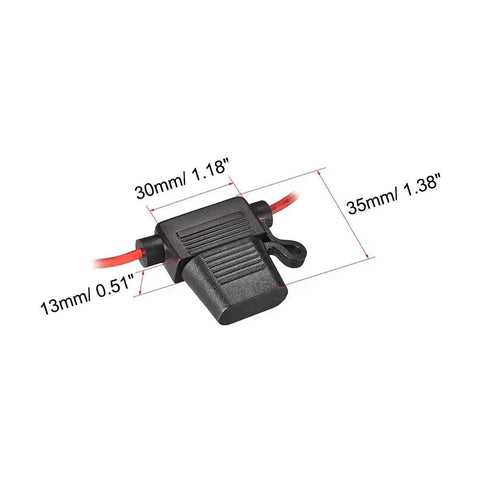 In Line 18AWG Waterproof Fuse Holder For ATC And ATO Fuses, dual lid design, measuring 30mm x 35mm, with red wire leads