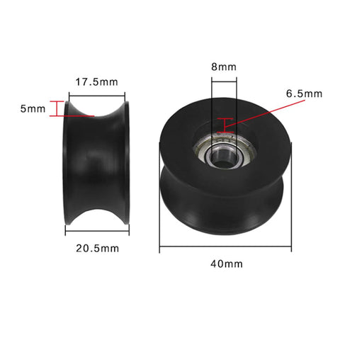 Nylon-coated U-shaped pulley wheel, 10-pack with 608ZZ bearings, black, 40mm diameter