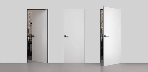 Interior Invisible Hidden Door With Handle Planum 0010 Primed Black Edge Hidden Frame 30 Inch By 84 Inch shown in three angles