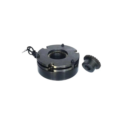 Two-piece electromagnetic brake assembly for servo motor; round black housing with gear ring and toothed coupling.